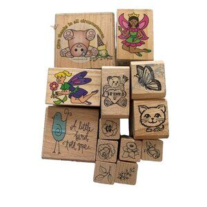 Wooden Rubber Stamp Lot Fairies Flowers Animals & Sayings Craft Set